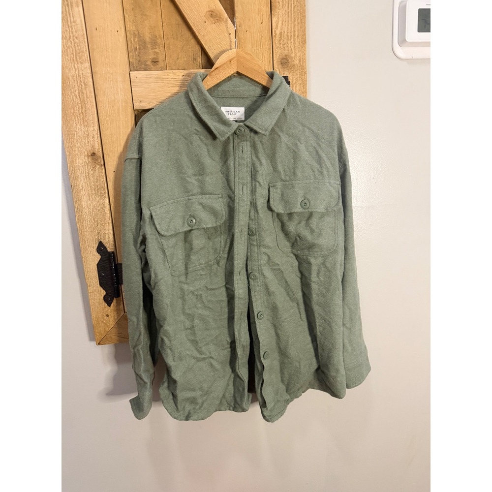 American Eagle Sage Green Flannel Button Down Shacket Women Medium 023